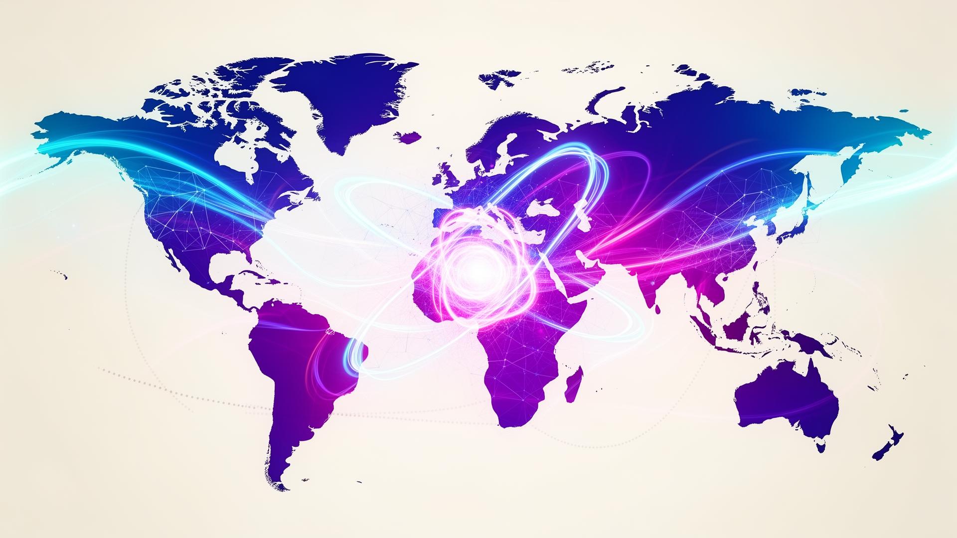 Abstract energy intelligence visual with nucleus and global grid flows